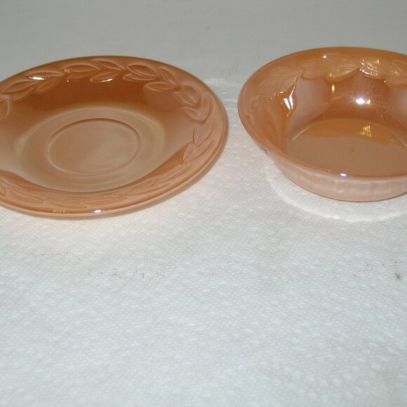 Vintage Fire King Peach Luster Laurel Leaf BOWL & PLATE Oven Ware USA  I - Picture 1 of 5
